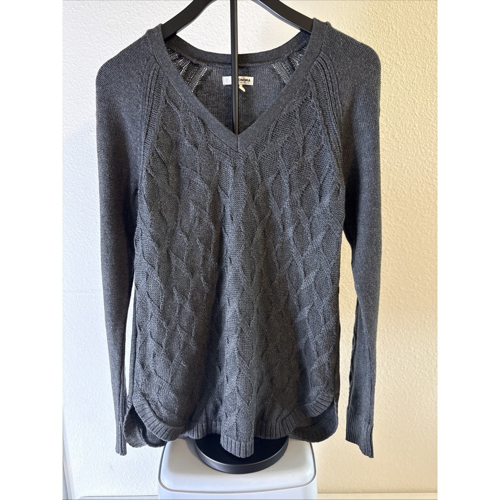 Sonoma Woman's Gray Cable Knit V-Neck Sweater Size M
